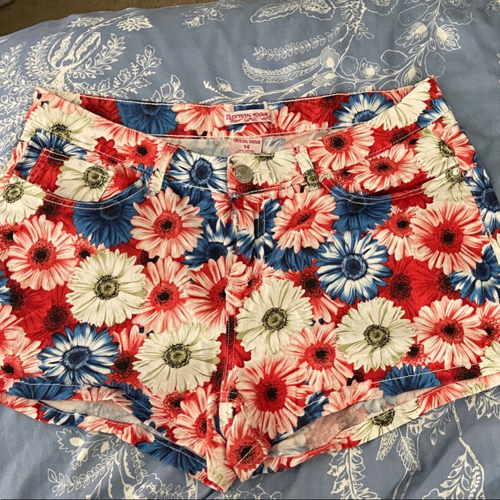 Floral Jean Shorts with Red and Blue Design